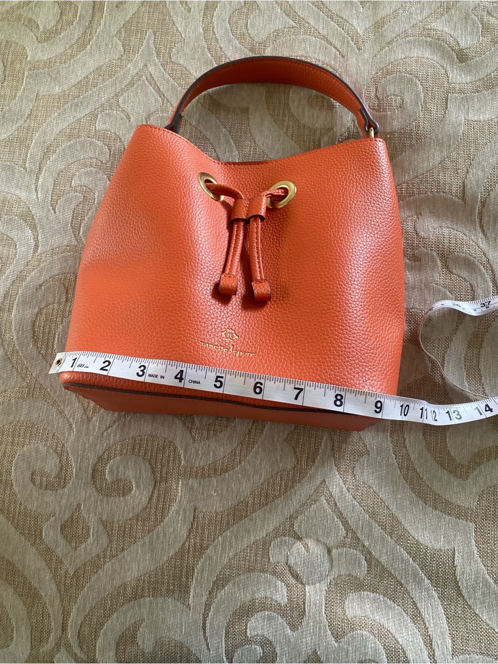 Nanette Lepore Orange Pebbled Bucket Bag Top Handle Purse - Picture 7 of 9